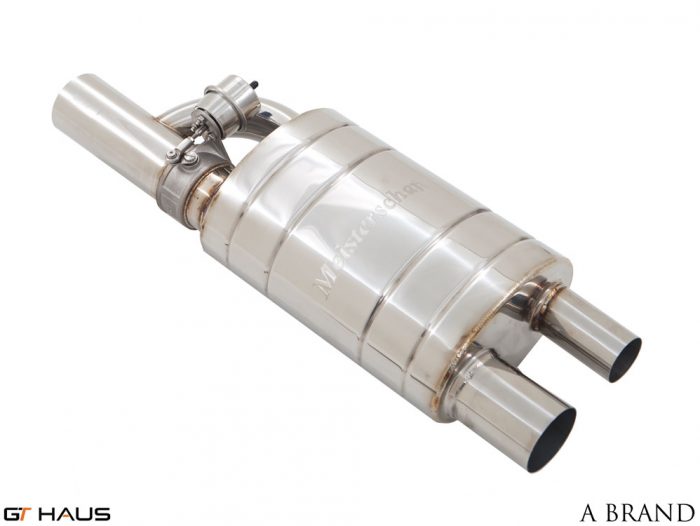 Premium A-Brand universal exhaust system featuring a polished stainless steel finish and dual outlet design.