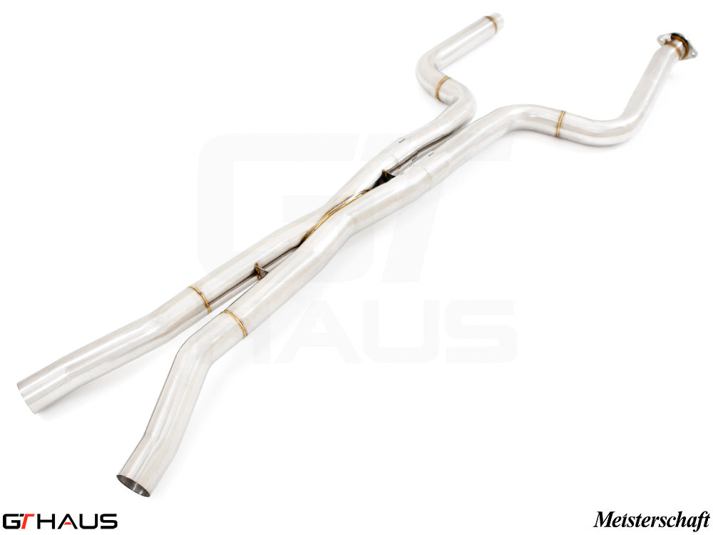 Stainless steel full cat-back X-pipe for 2016+ Chevrolet Camaro, featuring LSR mid resonator delete design.