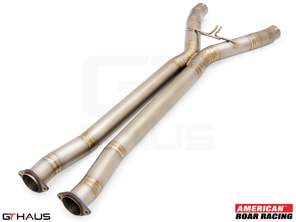 Full cat-back X-pipe for 2014-2019 Chevrolet Corvette C7 Stingray V8, featuring LSR mid resonator delete pipes for enhanced performance.
