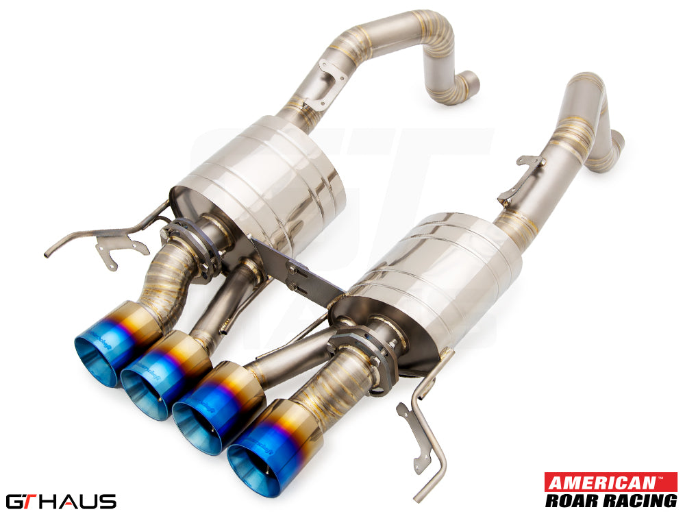 Premium performance exhaust system for Chevrolet Corvette C7 Stingray V8, featuring stainless steel construction and blue-tipped tips.