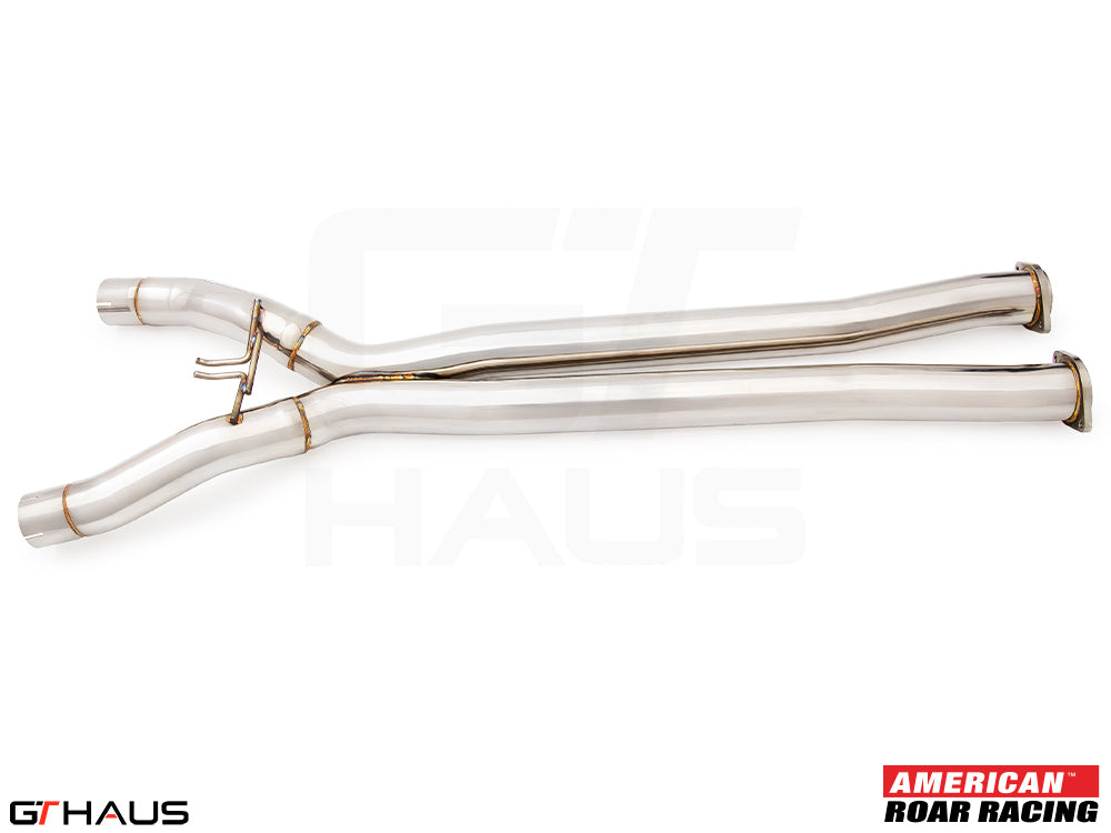 Full cat-back X-pipe for 2015-2019 Chevrolet Corvette C7 Z06 V8, featuring LSR mid resonator delete pipes in polished stainless steel.
