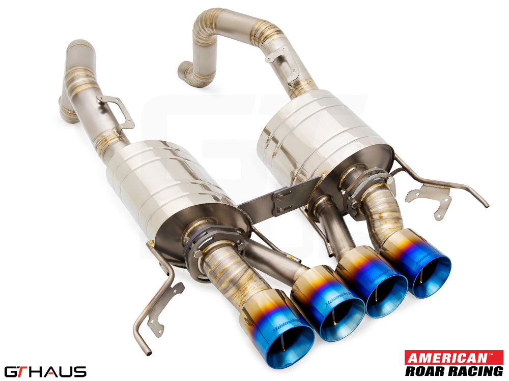 Premium performance exhaust system for 2019 Chevrolet Corvette C7 ZR1, featuring polished stainless steel and blue-tipped outlets.
