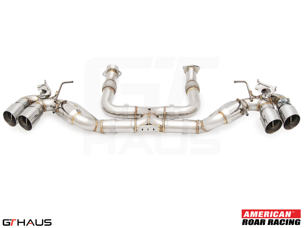Premium performance exhaust system for Chevrolet Corvette C8 Stingray/E-Ray V8, featuring stainless steel construction and dual tips.