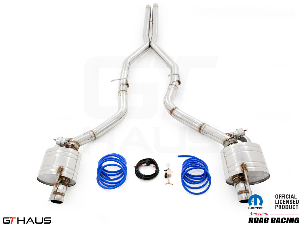 Premium exhaust system for Dodge Challenger DEMON, Redeye, and Jail Break models, featuring stainless steel construction and electronic valve control.