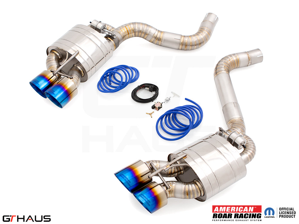 Premium exhaust system for Dodge Challenger DEMON/Redeye/Jail Break, featuring stainless steel construction and vibrant tips.