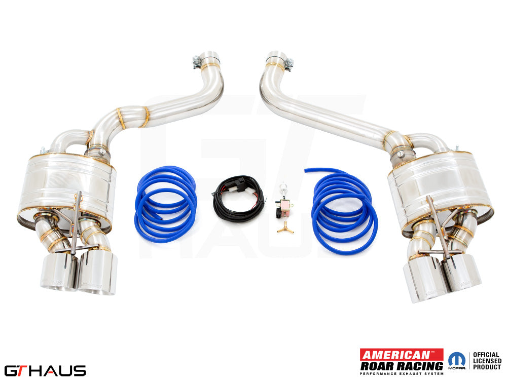 Premium performance exhaust system for Dodge Challenger SRT8, Scat-pack, and Hellcat 707, featuring stainless steel construction.