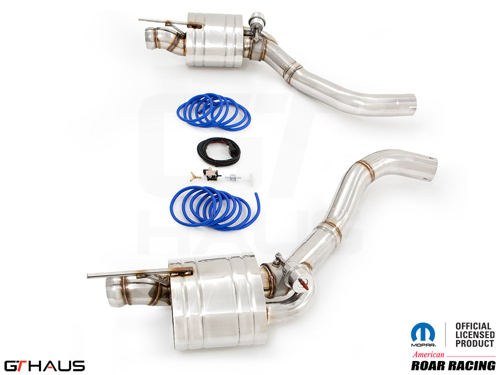 Premium performance exhaust system for Dodge Challenger SRT8, Scat-pack, and Hellcat 707, featuring stainless steel construction.