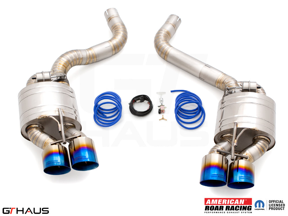 Premium exhaust system for Dodge Challenger SRT8, Scat-pack, and Hellcat 707, featuring dual tips and electronic valve control.