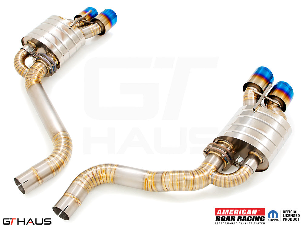 Premium exhaust system for Dodge Challenger SRT8 featuring dual tips and high-performance stainless steel construction.