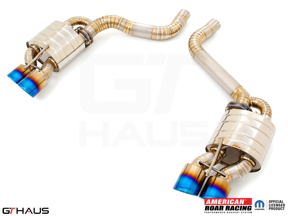 Premium performance exhaust system for Dodge Challenger SRT8, featuring stainless steel construction and blue-tipped exhaust tips.