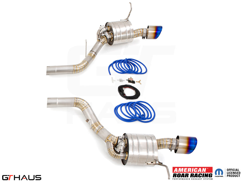 Premium performance exhaust system for 2012+ Dodge Durango R/T with 5.7 HEMI V8, featuring stainless steel construction and blue accents.