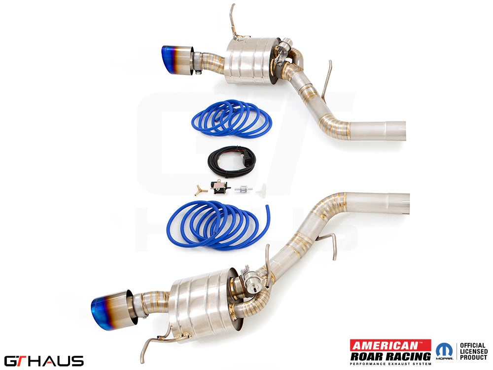 Premium performance exhaust system for 2012+ Dodge Durango R/T with 5.7 HEMI V8, featuring stainless steel construction and blue tips.