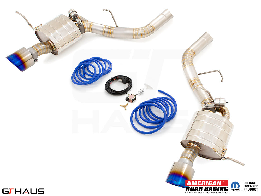 Premium exhaust system for 2012+ Dodge Durango R/T with 5.7 HEMI V8, featuring stainless steel construction and blue accents.