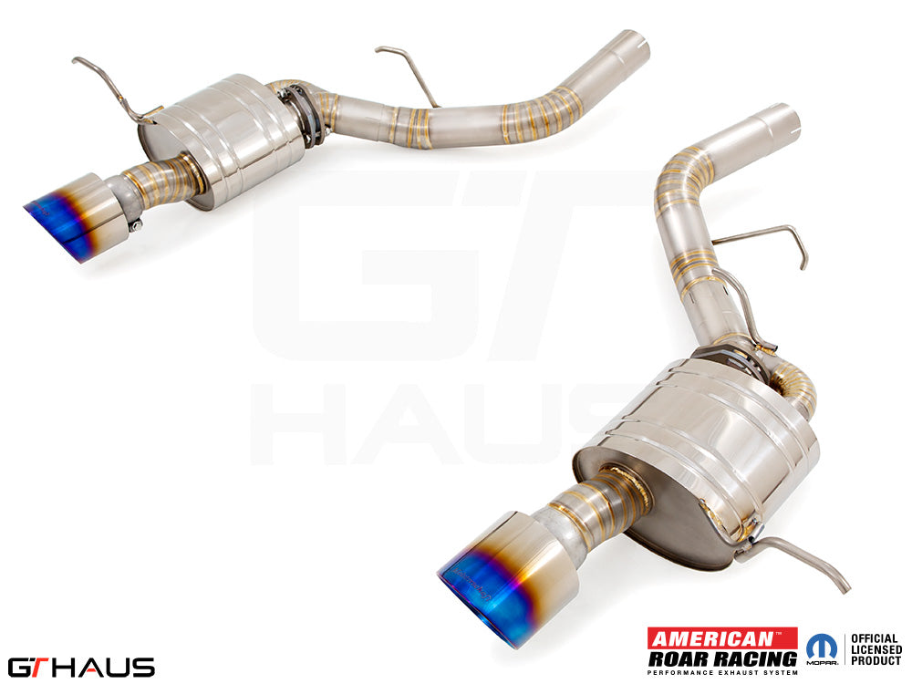 Premium performance exhaust system for 2017+ Dodge Durango SRT8 featuring T304 stainless steel and blue-tipped exhaust tips.