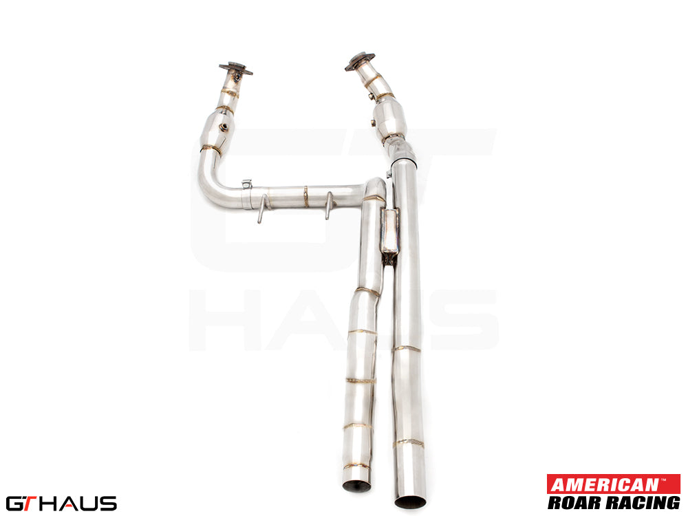 Stainless steel down pipes for 2023+ Ford F-150 Raptor R featuring OBD2 and 400 CEL sport cats for enhanced performance.