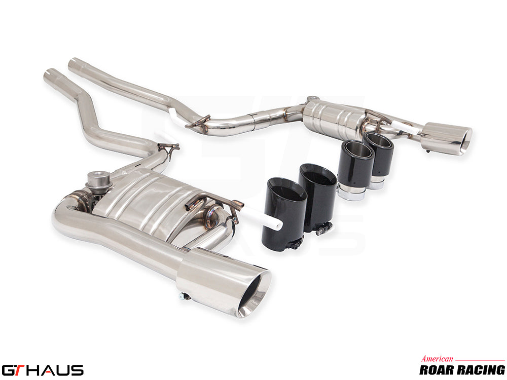 Premium performance exhaust system for Ford Mustang EcoBoost I-4 2.3L (2015-2023) with stainless steel construction.