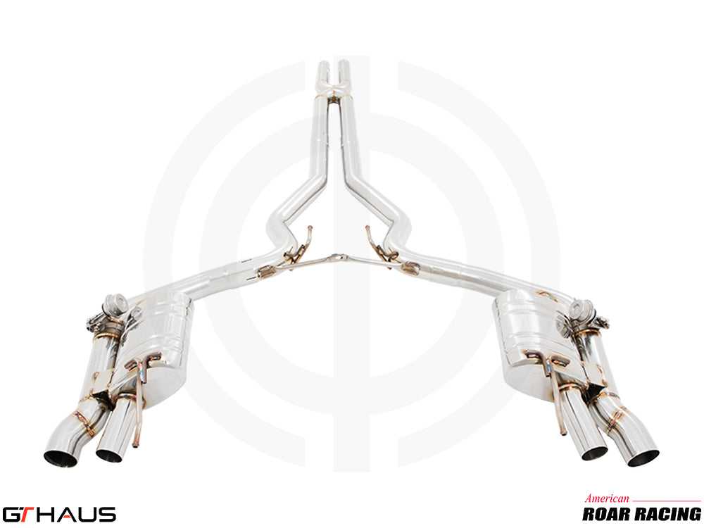 Premium performance exhaust system for Ford Mustang GT350/GT350R, featuring stainless steel construction and dual tips.