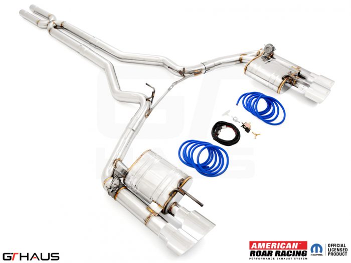 Premium exhaust system for 2018+ Ford Mustang GT 5.0L, featuring stainless steel construction and electronic valve control.