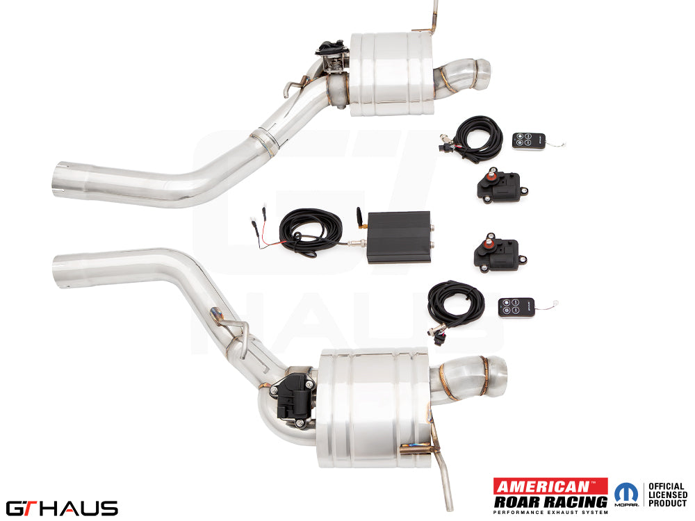 Premium performance exhaust system for 2012+ Jeep Grand Cherokee SRT8 with 6.4 HEMI V8, featuring electronic valve control.