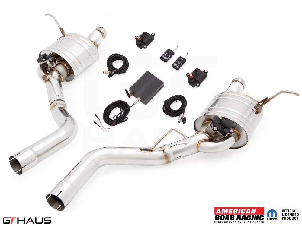 Premium performance exhaust system for Jeep Grand Cherokee SRT8 featuring dual tips and electronic valve control.