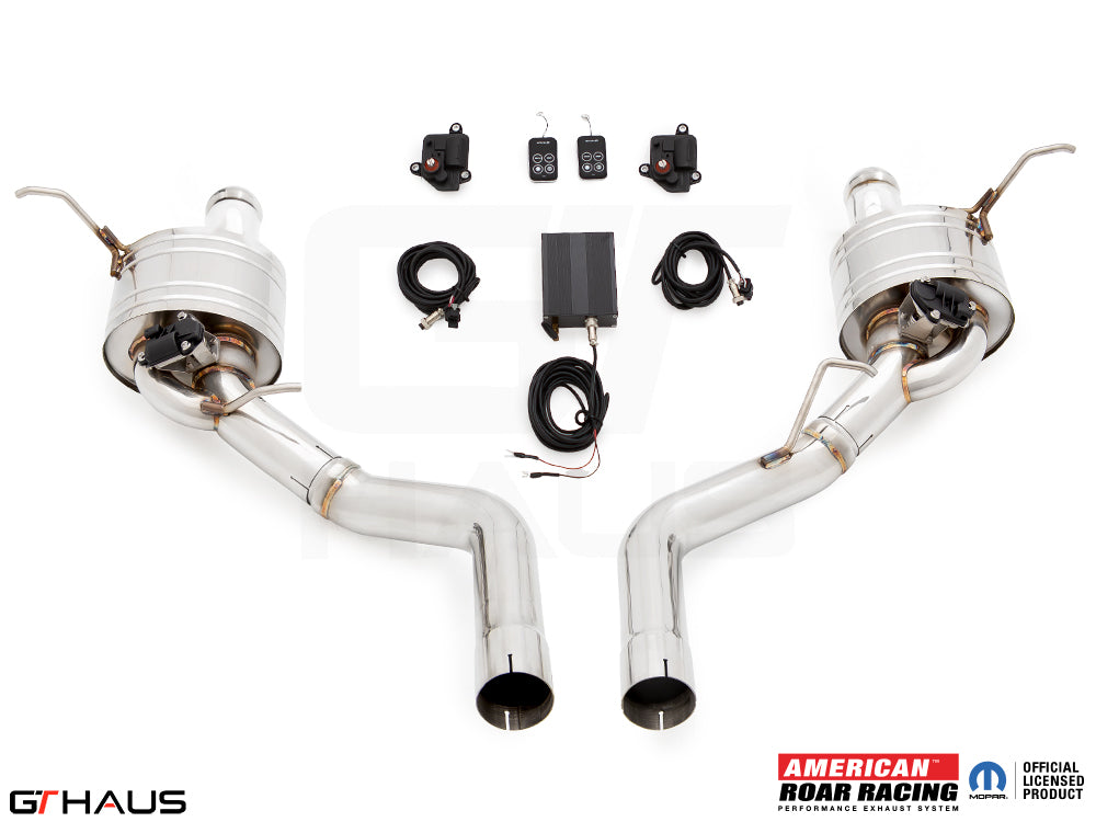 Premium performance exhaust system for Jeep Grand Cherokee SRT8 featuring dual tips, electronic valve control, and installation kit.