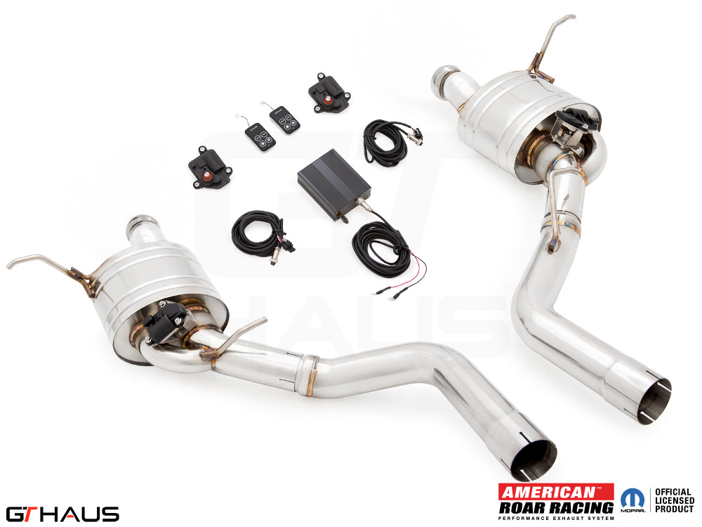 Premium performance exhaust system for 2012+ Jeep Grand Cherokee SRT8 with 6.4 HEMI V8, featuring electronic valve control.