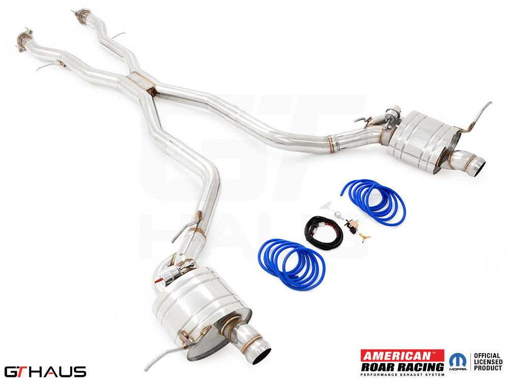 Premium performance exhaust system for 2012+ Jeep Grand Cherokee R/T with 5.7 HEMI V8, featuring stainless steel construction.