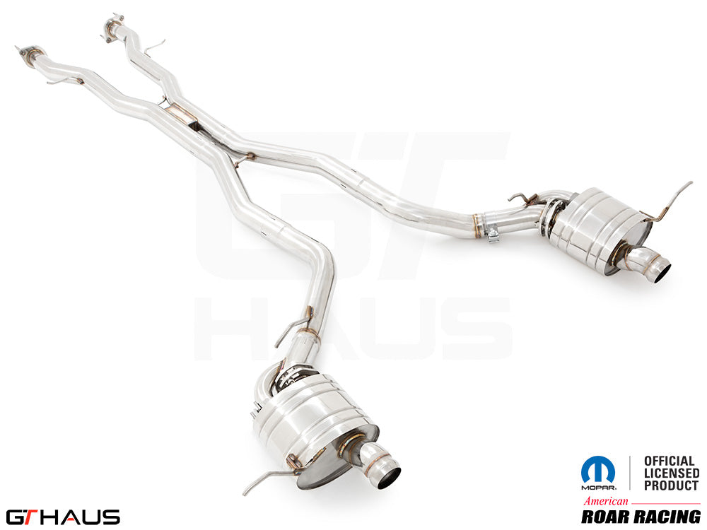 Premium performance exhaust system for 2012+ Jeep Grand Cherokee R/T with 5.7 HEMI V8, featuring stainless steel construction.