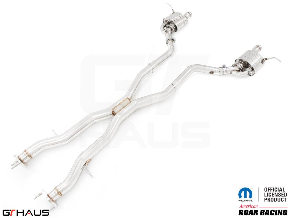 Premium performance exhaust system for 2012+ Jeep Grand Cherokee R/T with 5.7 HEMI V8, featuring stainless steel construction.