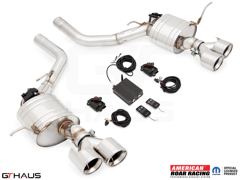 Premium exhaust system for 2012+ Jeep Grand Cherokee SRT8 with 6.4 HEMI V8, featuring electronic valve control and stainless steel construction.