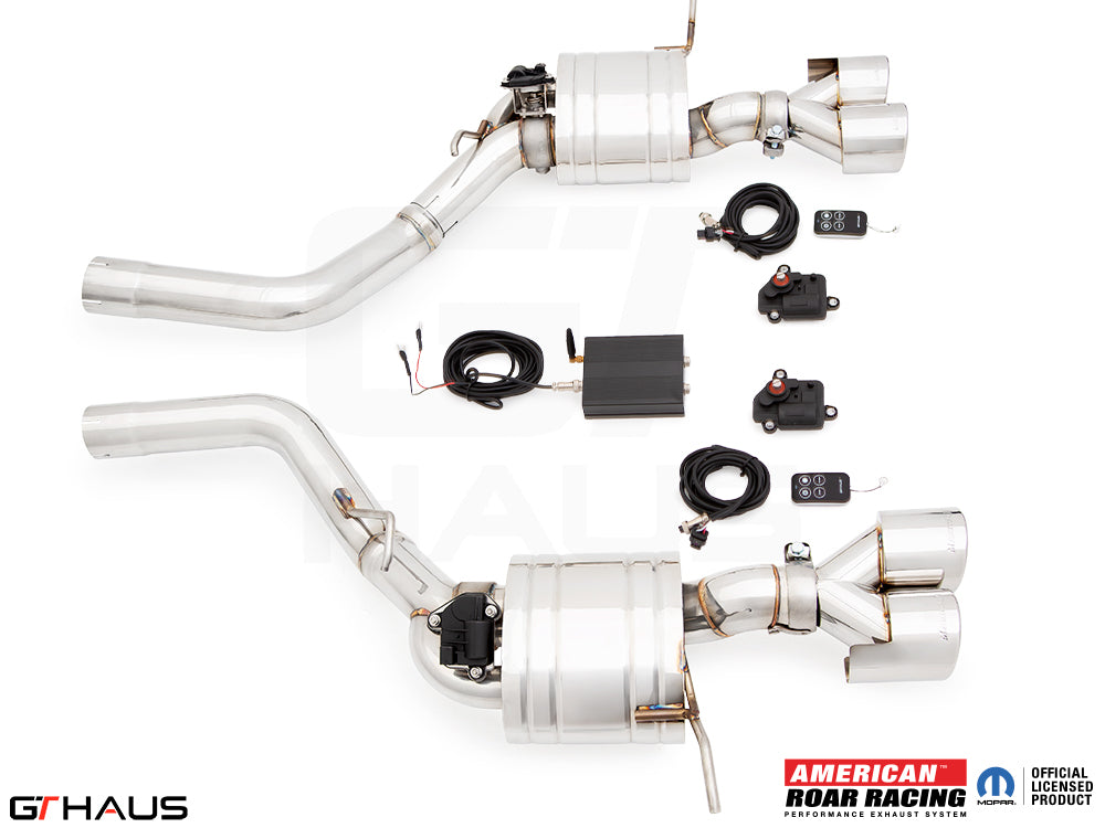 Premium exhaust system for 2012+ Jeep Grand Cherokee SRT8 with 6.4 HEMI V8, featuring electronic valve control and stainless steel construction.