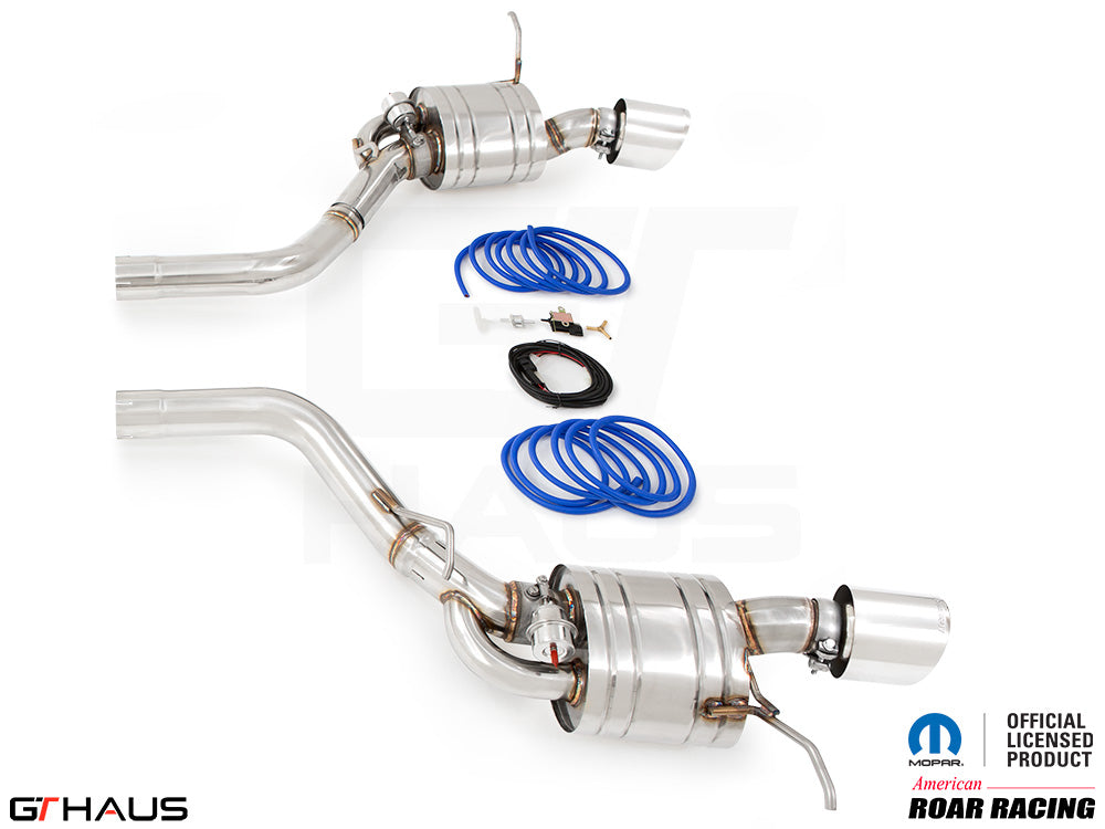 Premium exhaust system for 2012+ Jeep Grand Cherokee SRT8 with 6.4 HEMI V8, featuring stainless steel construction and electronic valve control.