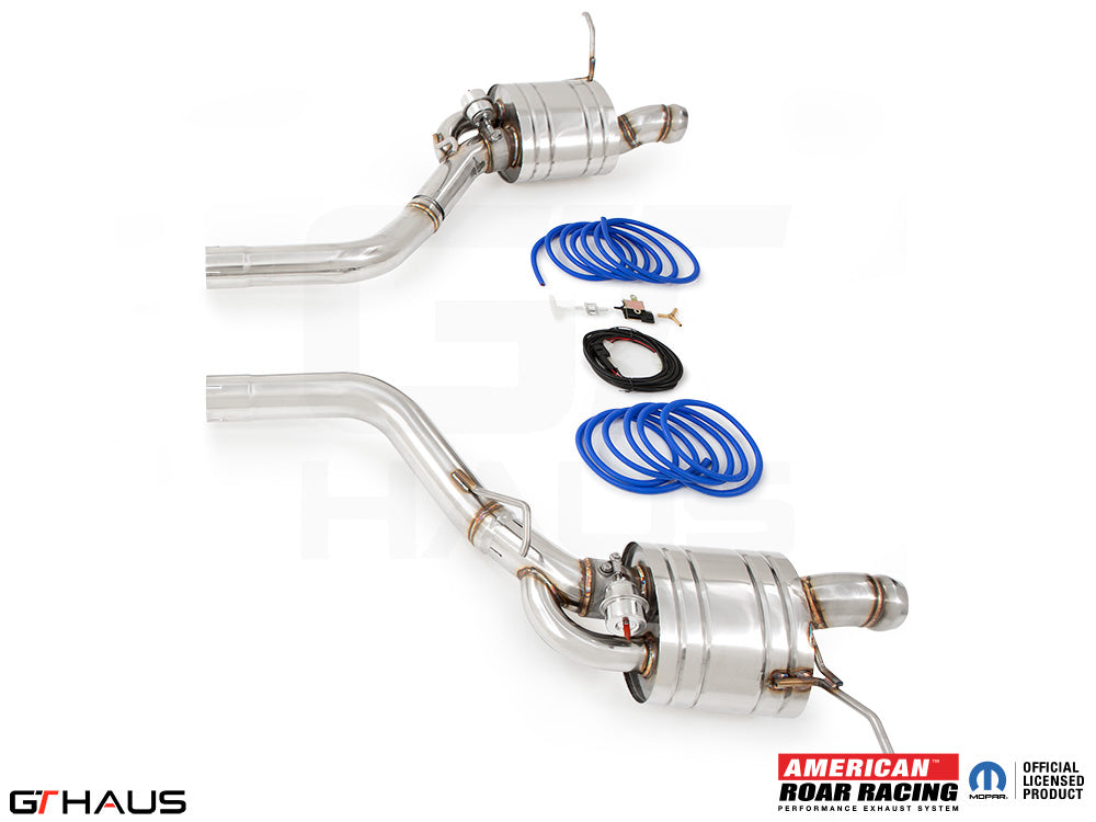 Premium performance exhaust system for 2012+ Jeep Grand Cherokee SRT8 with 6.4 HEMI V8, featuring stainless steel construction.