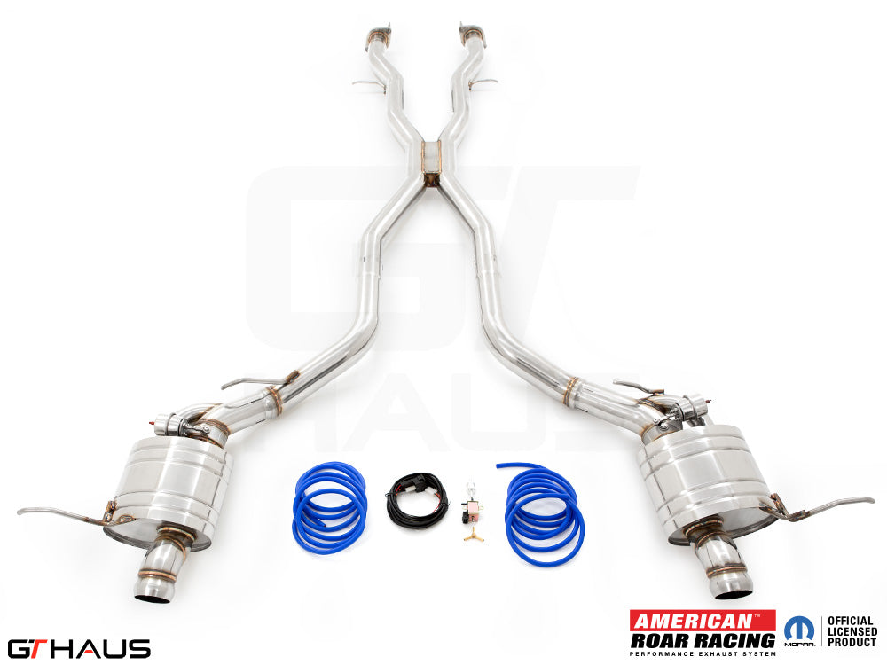 Premium performance exhaust system for 2012+ Jeep Grand Cherokee SRT8 with 6.4 HEMI V8, featuring stainless steel construction.