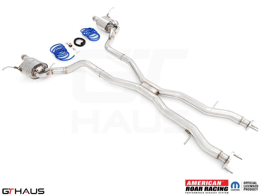 Premium performance exhaust system for 2012+ Jeep Grand Cherokee SRT8 with 6.4 HEMI V8, featuring stainless steel construction.