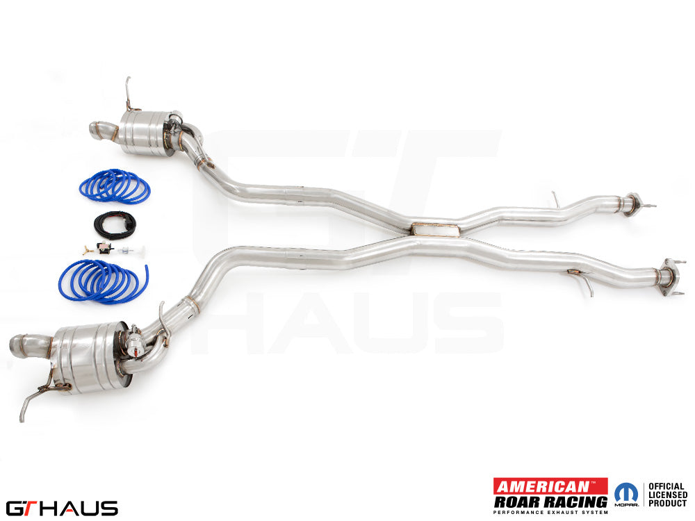 Premium performance exhaust system for 2012+ Jeep Grand Cherokee SRT8 with 6.4 HEMI V8, featuring stainless steel construction.