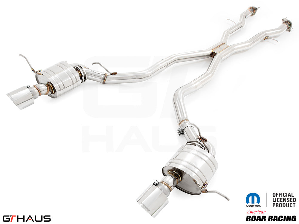 Premium performance exhaust system for 2012+ Jeep Grand Cherokee SRT8 with 6.4 HEMI V8, featuring stainless steel construction.