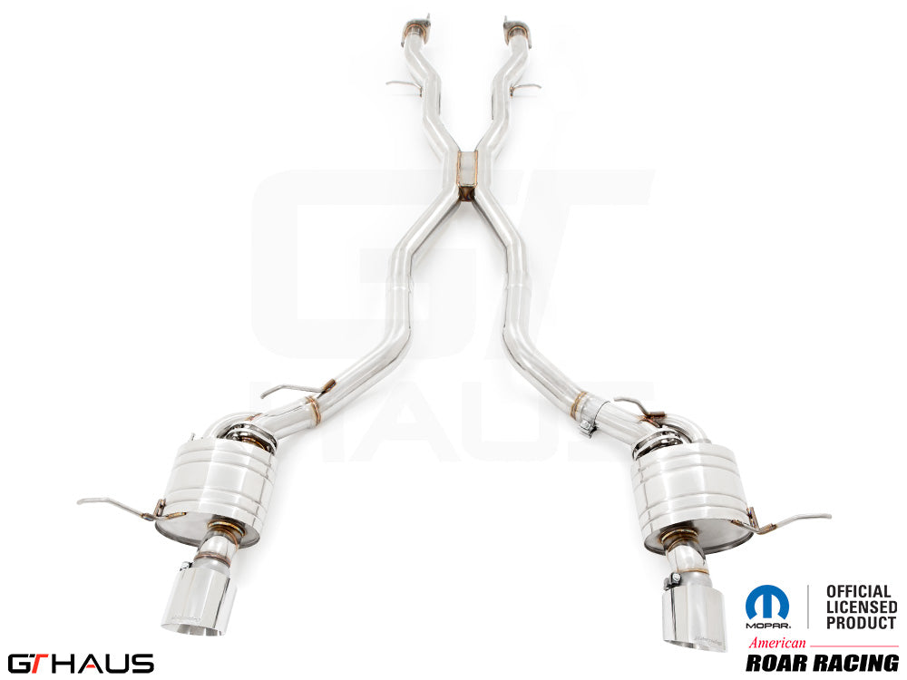 Premium performance exhaust system for Jeep Grand Cherokee SRT8 featuring dual tips and stainless steel construction.