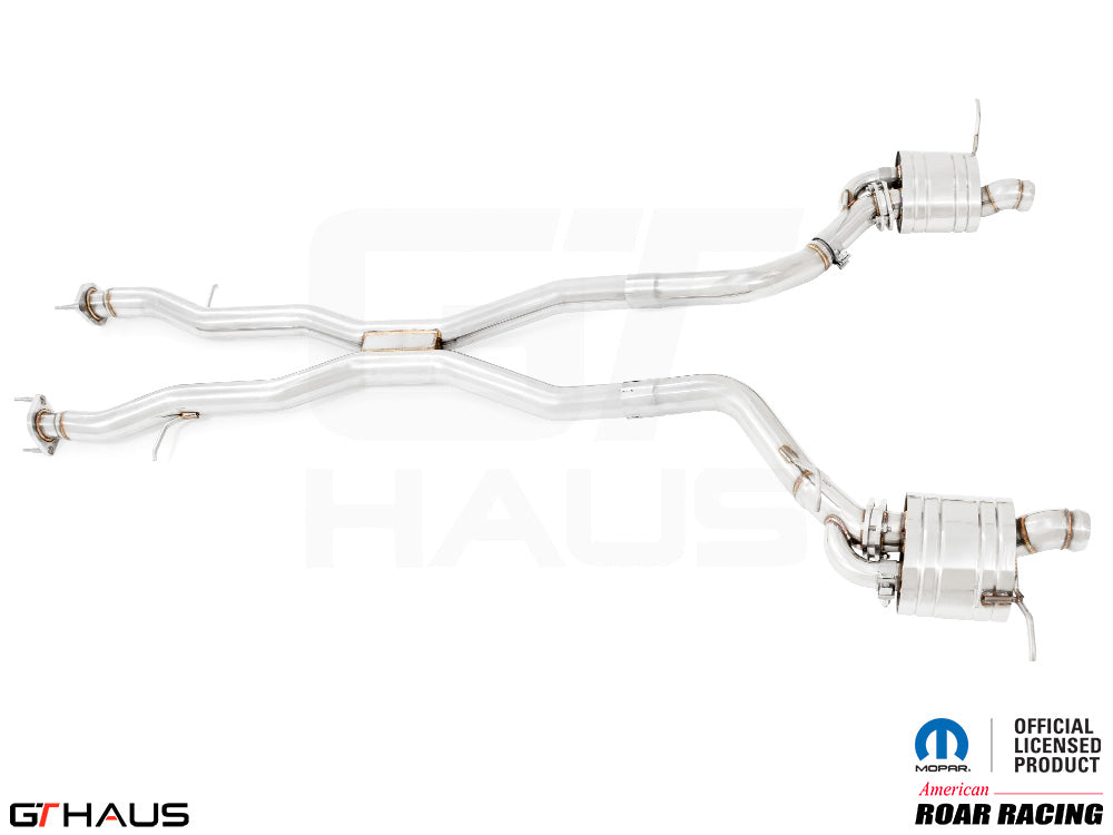 Premium performance exhaust system for 2012+ Jeep Grand Cherokee SRT8 with 6.4 HEMI V8, featuring stainless steel construction.