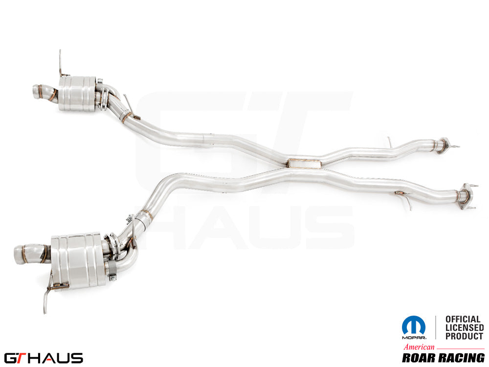 Premium performance exhaust system for 2012+ Jeep Grand Cherokee SRT8 with 6.4 HEMI V8, featuring stainless steel construction.