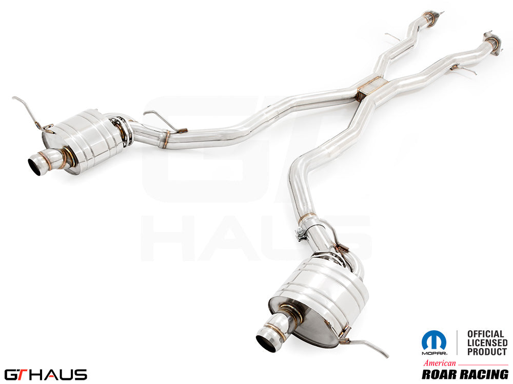 Premium performance exhaust system for 2012+ Jeep Grand Cherokee SRT8 with 6.4 HEMI V8, featuring stainless steel construction.