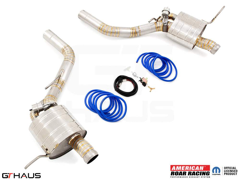 Premium performance exhaust system for 2012+ Jeep Grand Cherokee SRT8 with 6.4 HEMI V8, featuring stainless steel construction.