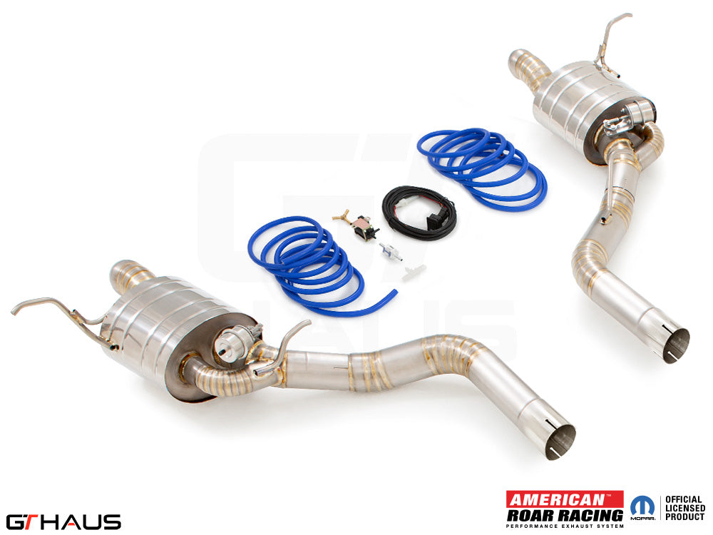 Premium performance exhaust system for 2012+ Jeep Grand Cherokee SRT8 with 6.4 HEMI V8, featuring stainless steel construction.