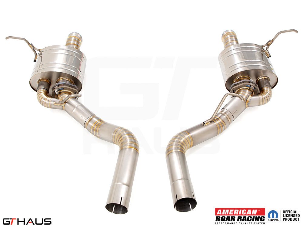Premium exhaust system for 2012+ Jeep Grand Cherokee SRT8 featuring dual stainless steel mufflers and polished tips.