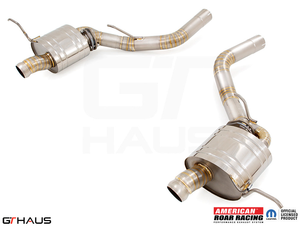 Premium performance exhaust system for 2012+ Jeep Grand Cherokee SRT8 with 6.4 HEMI V8, featuring stainless steel construction.