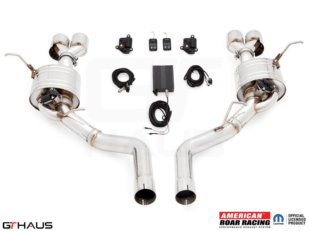 Premium performance exhaust system for 2017+ Jeep Grand Cherokee SRT TrackHawk, featuring stainless steel construction and electronic valve control.