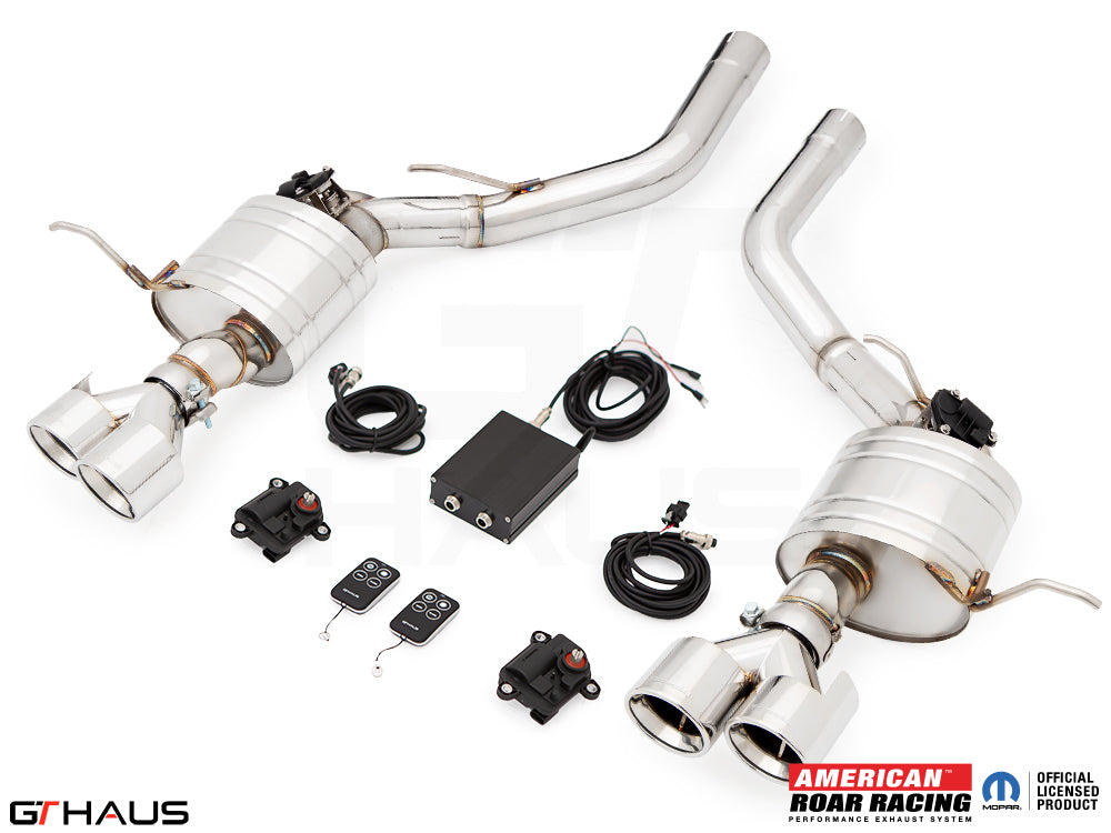 Premium exhaust system for 2017+ Jeep Grand Cherokee SRT TrackHawk with electronic valve control and dual tips.