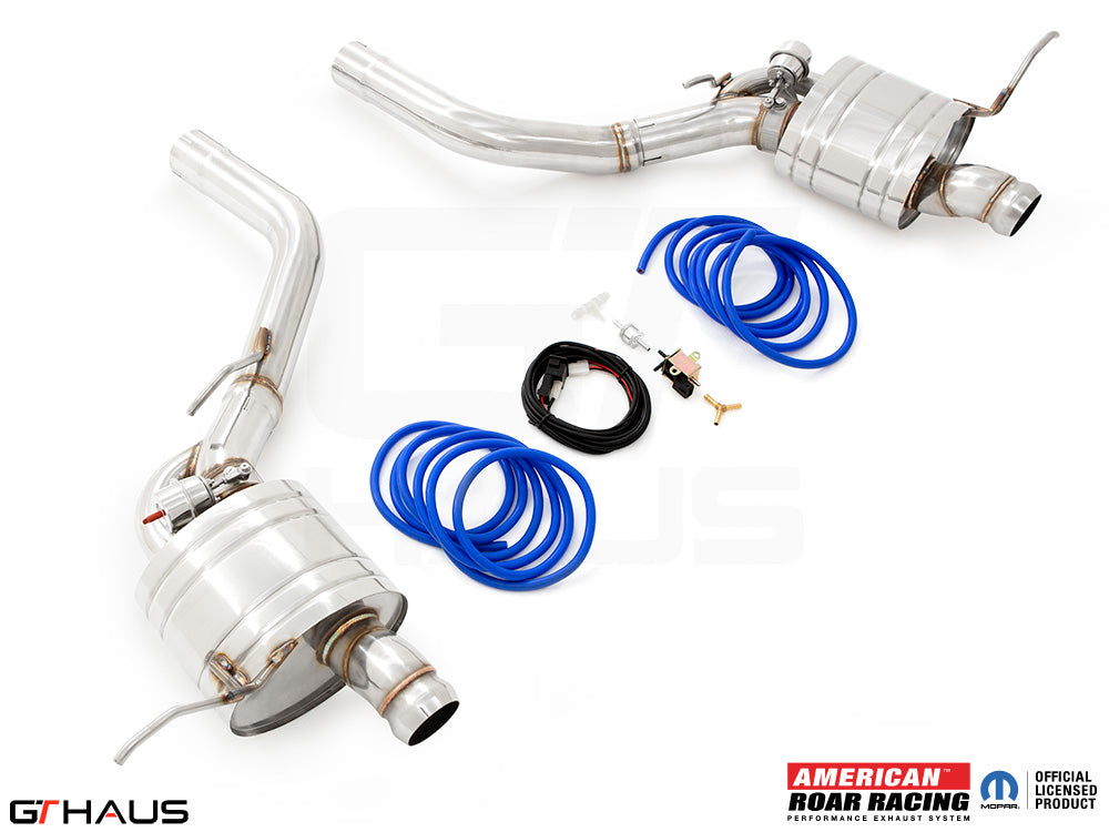 Premium performance exhaust system for 2017+ Jeep Grand Cherokee SRT TrackHawk, featuring stainless steel construction and electronic valve control.