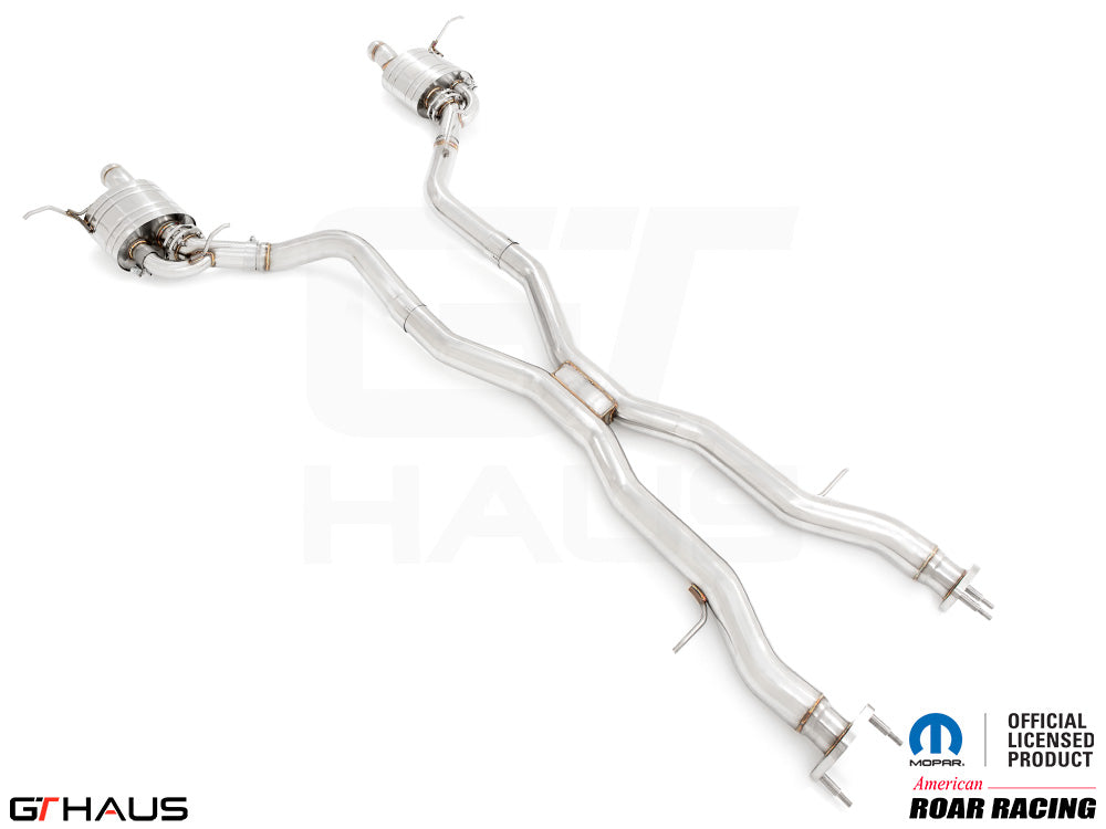 Premium performance exhaust system for 2017+ Jeep Grand Cherokee SRT TrackHawk, featuring stainless steel construction.