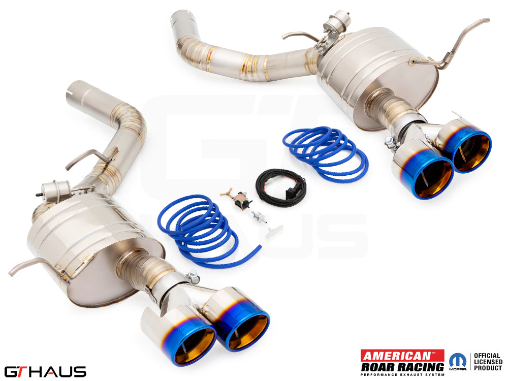 Premium performance exhaust system for 2012+ Jeep Grand Cherokee SRT8 featuring dual tips and electronic valve control.
